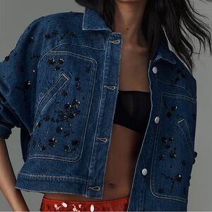 Pilcro Dolman-Sleeve Beaded & Sequin Denim Jacket SZ XS
